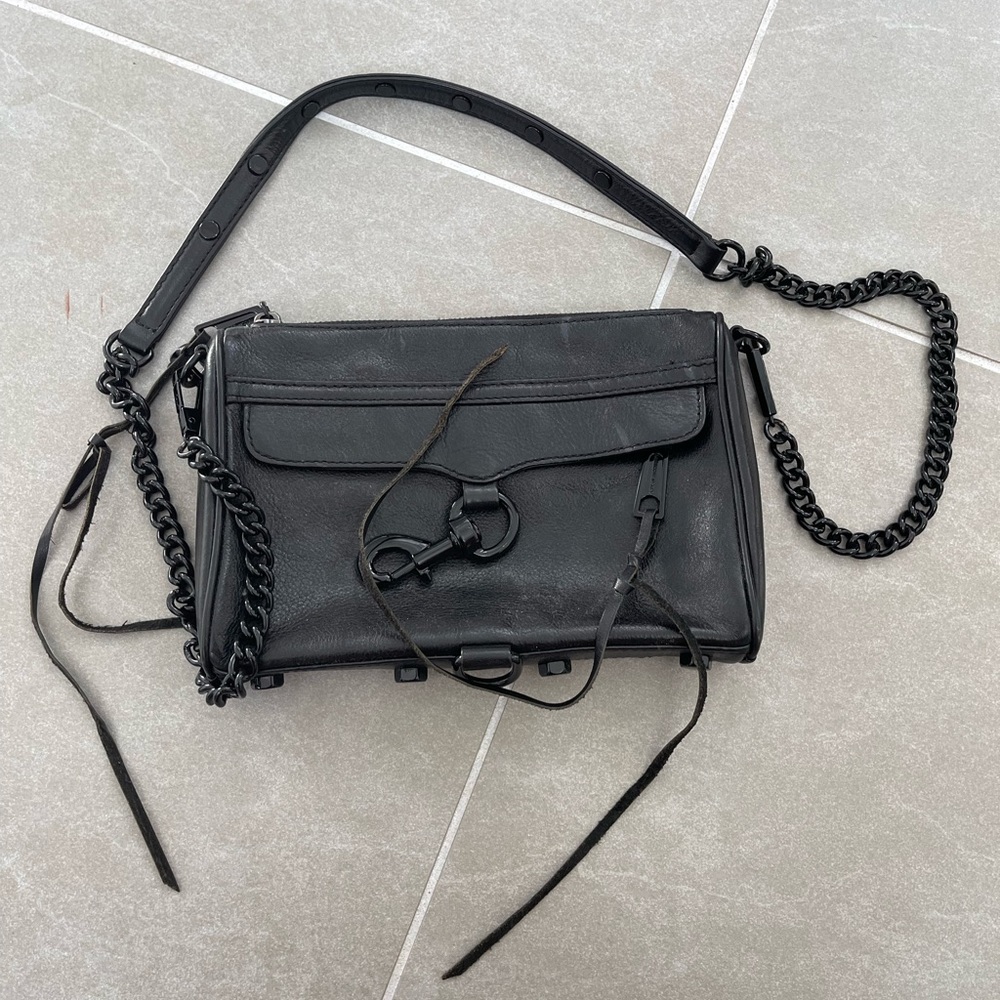 Rebecca Minkoff Black Leather Fringed Hook Closure Crossbody Bag